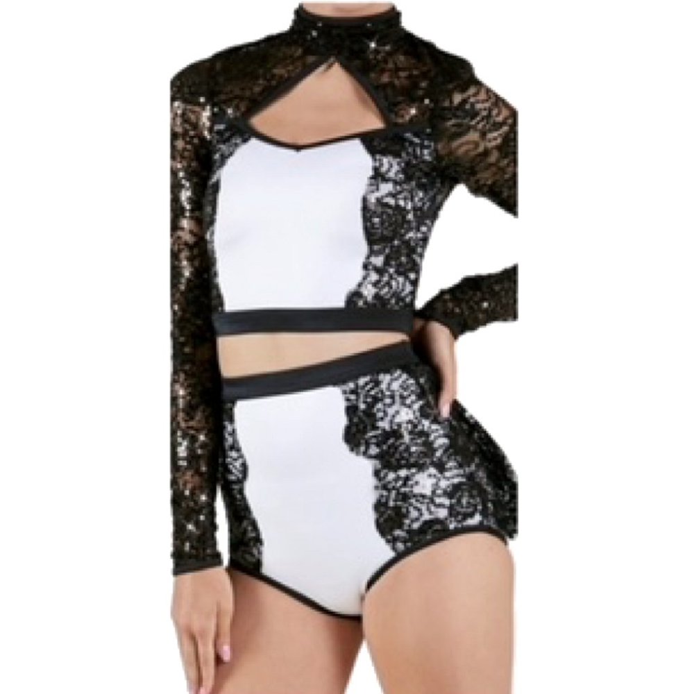 Weissman Dance Costume White with Black Lace 2pc